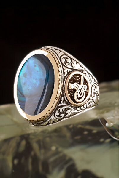 Takıdepo Okyanus Sedefi Taşlı Tuğra Desenli Gümüş Yüzük