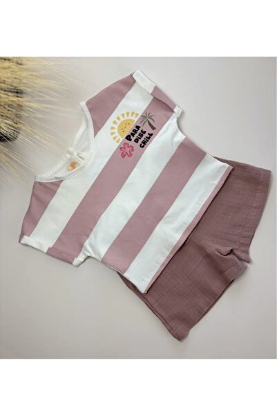 Aybubu Kız Bebek Şortlu Takım 2'li & Çizgi Desenli Kısa Kol Alt Üst Takım