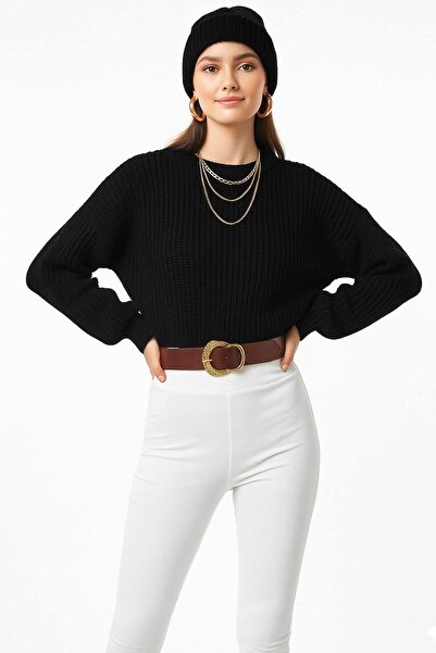 Gloksinya Butik Kadın Siyah Selanik Örgü Oversize Crop Kazak