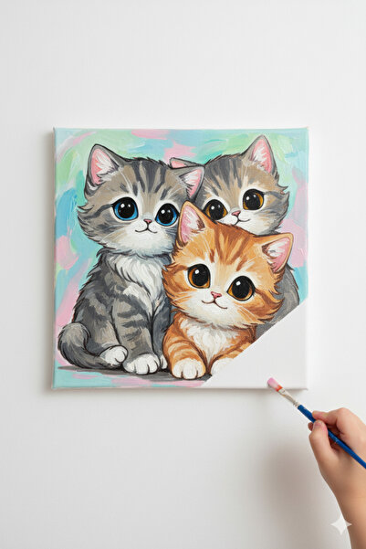 dudu ahşap 20x20 Resimli Tuval Çocuk Boyama Seti- Kedi Kardeşler 3 Akrilik Boya+ 1 Fırça ile birlikte