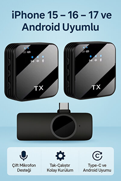 Coverzone Kablosuz Yaka Mikrofonu Çift Mikrofon iPhone 16 ile Uyumlu TYPE-C Portlu Röportaj Canlı Yayın 1027