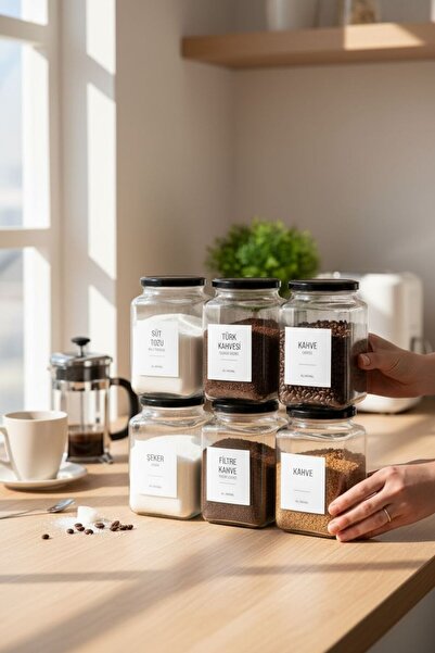 ANJEAHOME Lorient 6-Piece 850 ml Cornered Glass Storage Container |   Labeled Jar Set |   Kitchen & Pantry Organizer