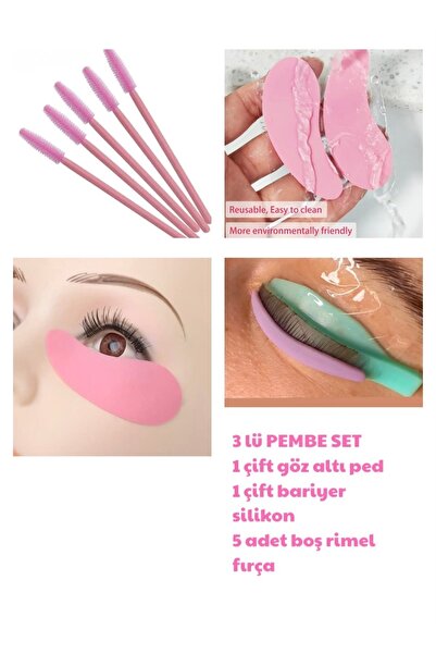 DFCOSMETICS Pembe Lifting Seti 4 Farklı Ürün Gözaltı Pedi, Bariyer Silikon, Boş Rimel Fırça, Tarama Çubuğu