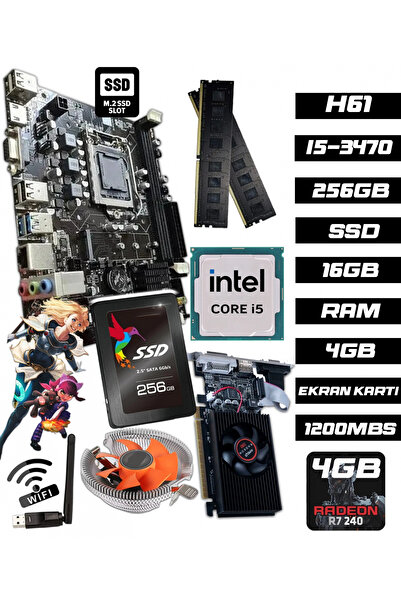 jetucuzal B12751 i5 3470 16GB RAM 256GB SSD R7240 4GB H61 1200Mbps WiFi CPU Fan Bundle Anakart Komple SET