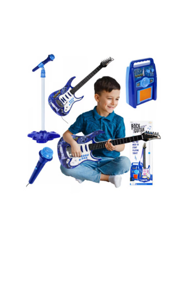 oemco Chitară electrică de jucărie cu amplificator, microfon trepied, sunete, lumini, MP3