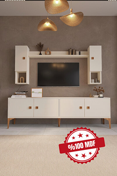 Happylife Furniture Design %100 Mdf Tv Ünitesi Raflı Dolaplı Kırık Beyaz Tv Ünitesi Açık Krem Tonlarında