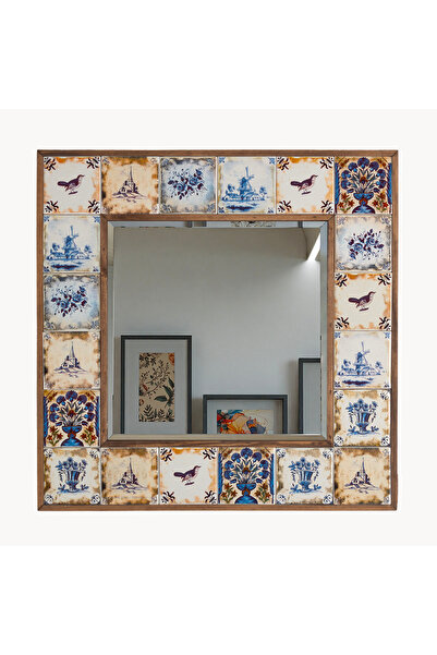 bluecape Selanik Etnik Çini Seramik Ceviz 60x60 cm Doğal Ağaç Çerçeveli Duvar...