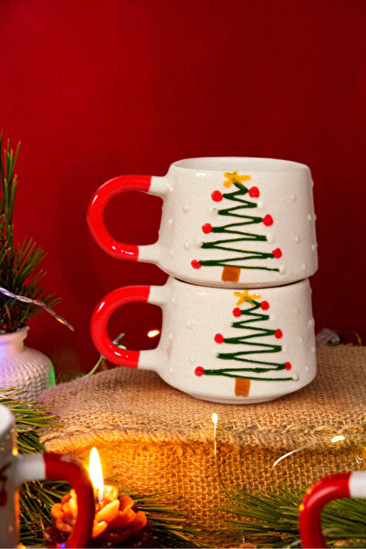 touchmughm El Yapımı Seramik  2'li  Z Yılbaşı Ağacı Kupası, Seramik Fincan, Double Türk Kahvesi, Çift Taraflı