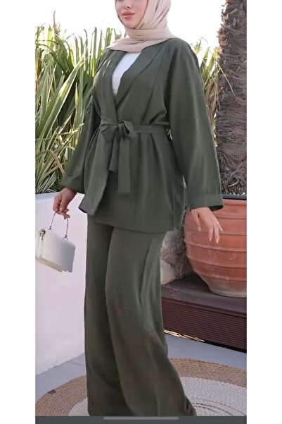 onlymoon tekstil Women's Oversize Belted Tunic Pants Set |   Set of Two |   Jacket Collar |   Khaki Stylish Basic