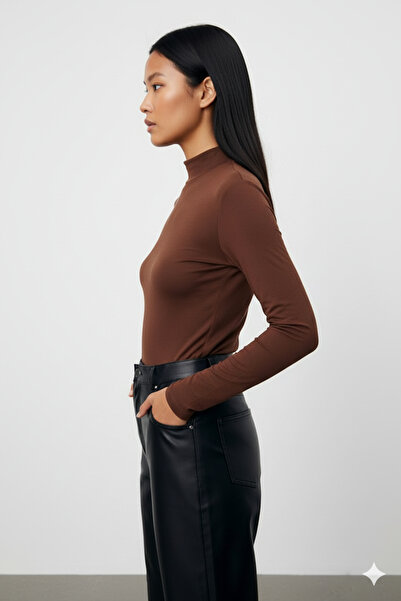 TRİYA FASHİON Women's Bitter Brown Long Sleeve Turtleneck Badi