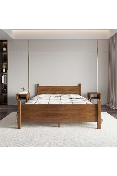 RENAZZO Melodi Model Ceviz Renk Ahşap Karyola Ve İki komodin Set