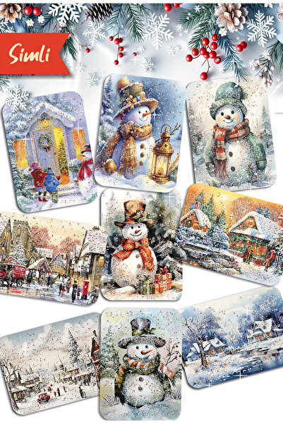 Mia Pera 9lu Simli Yılbaşı Kartpostal Seti Yeni yıl Kardan Adam Kış Manzara Nostalji