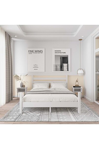 RENAZZO Urban Model Beyaz Renk Çam Ahşap Karyola Ve İki Komodin Set