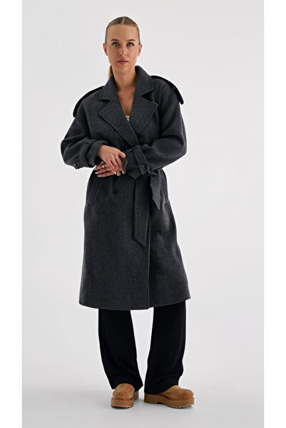 My Blog Anthrazitfarbener Epaulette-Mantel mit Gürtel – 44188