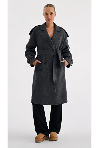 My Blog Anthrazitfarbener Epaulette-Mantel mit Gürtel – 44188