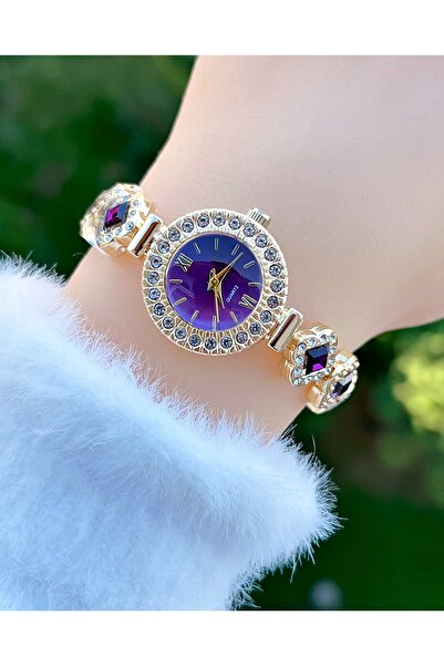 Weluxa ساعة يد نسائية عتيقة ذات إطار ذهبي اللون ومينا أرجواني مرصعة بأحجار ال...