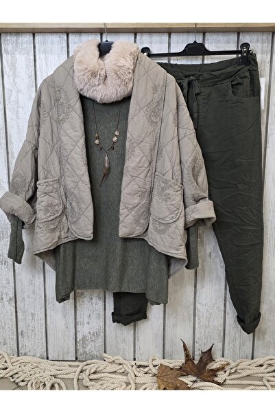 pudubutik Cotton Padded Kimono Jacket Italian Fango Beige