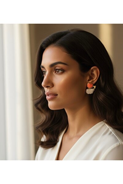 vina's atelier Fransız Tasarım Turuncu Tasarım Çelik Küpe