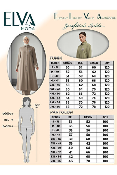 kaes giyim Yumuşak Organik Kumaş Gömlek Yaka Tesettür Kadın Uzun Tunik Pantolonlu İkili Takım 10133