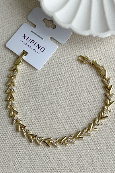 Modacaprea Caprea Xuping 14K 17+2 cm V Model Zincir Taşlı Bileklik Kadın Altın Renkli Karamaz Bileklik