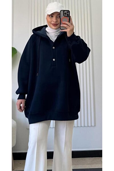 onlymoon Navy Blue Oversized Hooded Sweatshirt ♦   3 Threaded Rasterized ♦ 100% Cotton ♦   Yakada Button Detail ♦ Hijab