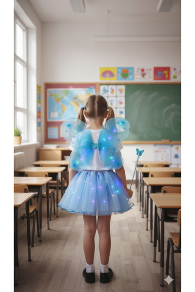 Beryka LED Işıklı Kelebekli Çocuk Kostümü - 4 Parça MAVİ