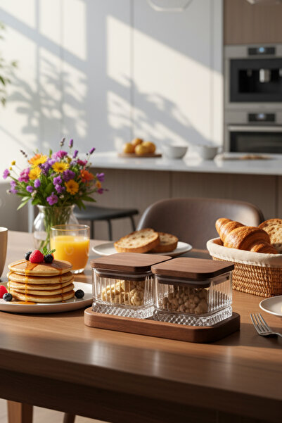 Snippy Bella 230ml Square Bowl - Wooden Stand, Vacuum, Qumzı Millili Glass Snack and Breakfast