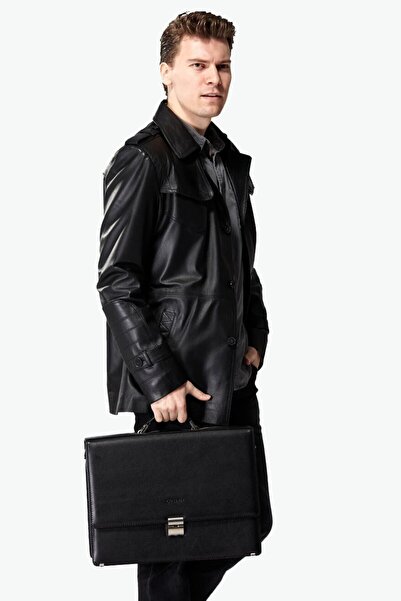 Deriza Kagawa Erkek Siyah Deri Trençkot