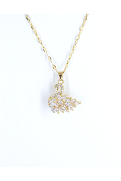 La Clarte Kadın Zarif Zirkon Taşlı Model Kuğu Figürlü Kolye – Altın Renk Zincirli Kararmaz Paslanmaz Çelik