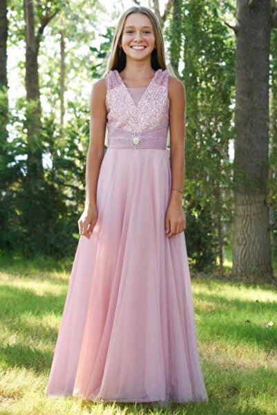 Milo Mojo Girl's Sequined Stone Accessory Chiffon Evening Dress 5725 Dried Rose