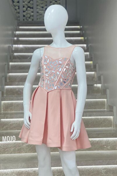 Mojo Bebek فستان سهرة قصير مطرز بالحجر المرآة من موجو جيرل 529 بودرة