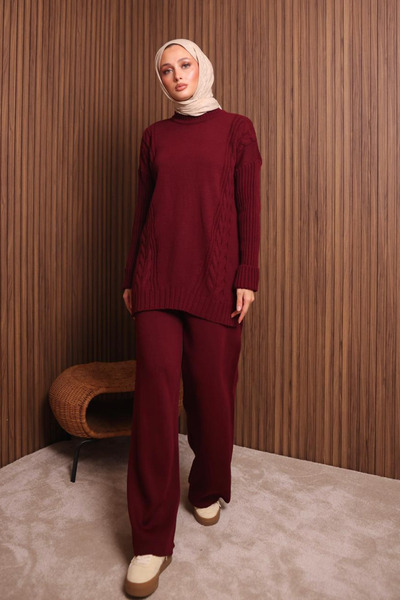 Balenbi Women's Oversized Knitted Patterned Pants Hijab Knitwear Set 1134