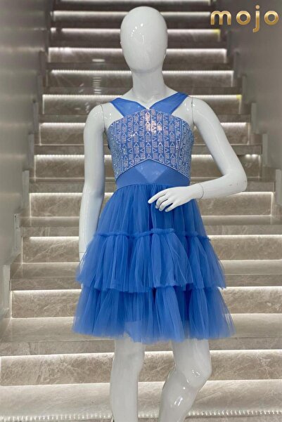 Mojo Bebek فستان سهرة قصير من إركوت مطرز بالحجر من التول مع أشرطة 653 نيلي