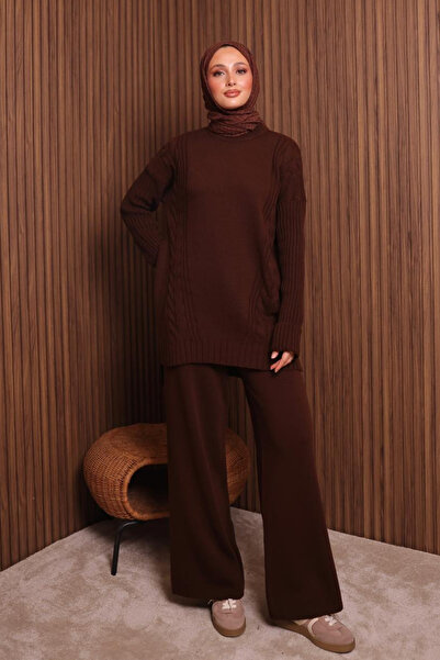 Balenbi Women's Oversized Knitted Patterned Pants Hijab Knitwear Set 1134