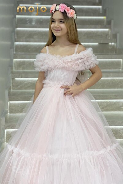 Kanilla Kanila Kız Çocuk 2-10 Yaş Düşük Omuzlu Tarlatanlı Gelinlik 2217 Pudra