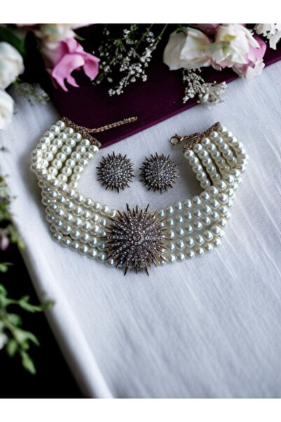 FAYRA ACCESSORIES Kristal Taşlı Kestane Figür İnci Kolye ve Küpe Seti