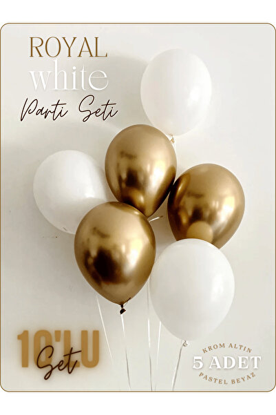 Mielibon 10'lu Royal White Balon Seti – 5 Krom Altın & 5 Pastel Beyaz Balon, ...