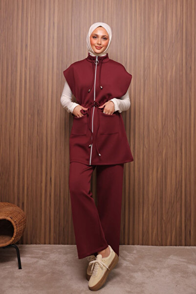 Balenbi Women's Scuba Fabric Drawstring Waist Belted Vest Set Hijab Set 1133