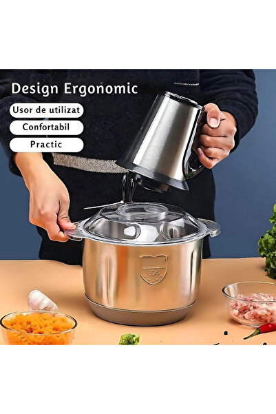 GARDEON Tocător electric 500W, bol din oțel inoxidabil de 3L, 4 lame din oțel inoxidabil, fără BPA
