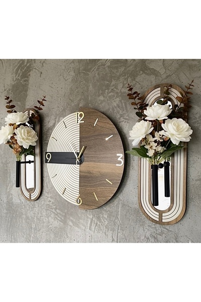 Blackframe Milano design - Açık Gri - Siyah & Koyu meşe Duvar Saati 40x38 cm Ve Ahşap Aynalı Çiçeklik- 45x16cm
