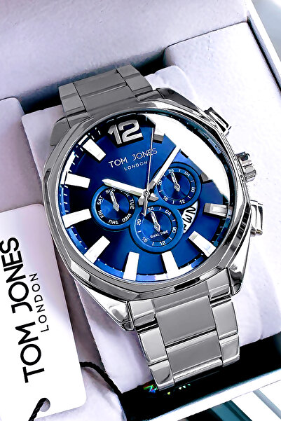Tom Jones ساعة يد رجالية أصلية للموسم الجديد مقاومة للماء باللون الفضي وسوار ...