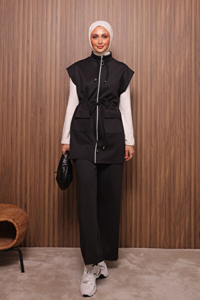 Balenbi Women's Scuba Fabric Drawstring Waist Belted Vest Set Hijab Set 1133