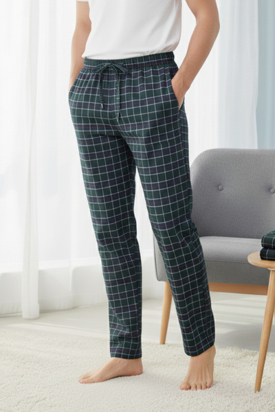 Elemge 2’li Takım Erkek Kareli Pijama Altı Cepli Bol Kalıp Lastikli Ipli Yumuşak Relax Fit Yeşil-kırmzı Alt