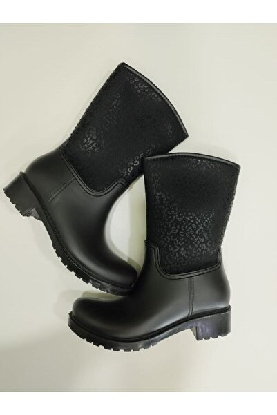 Sea&Blue Чорні водонепроникні зручні дощові чоботи з леопардовим візерунком - 4005