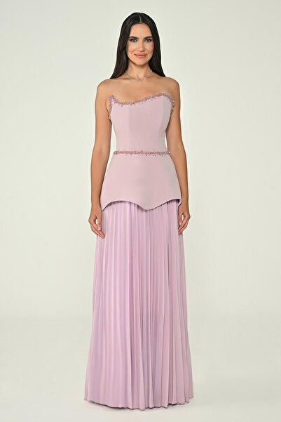 ALFABETA Strapless Evening Dress with Pleated Chiffon Skirt