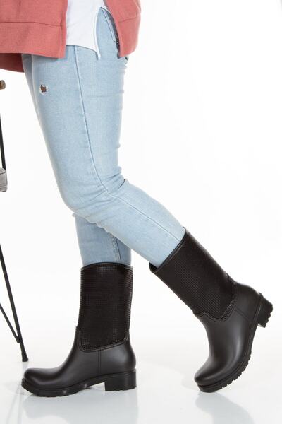 Sea&Blue Αδιάβροχες άνετες μπότες βροχής με τετράγωνο στίγμα μαύρο γάμπα-4006