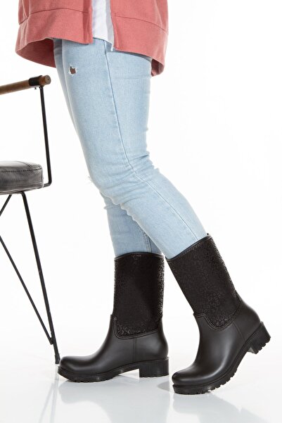 Sea&Blue Чорні водонепроникні зручні дощові чоботи з леопардовим візерунком - 4005