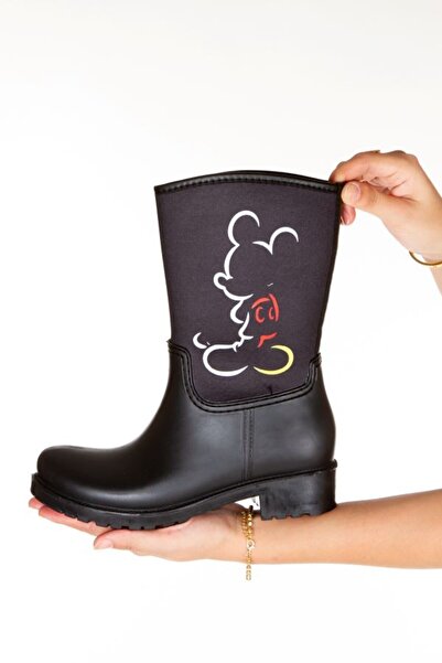 Sea&Blue Mickey Mouse Baskılı Su Geçirmeyen Kısa Kadın Yağmur Çizmesi