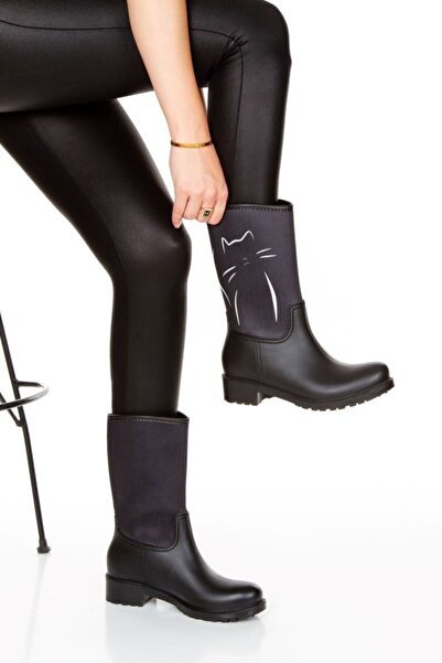 Sea&Blue Kedi Çizim Baskılı Su Geçirmeyen Kısa Kadın Yağmur Çizmesi