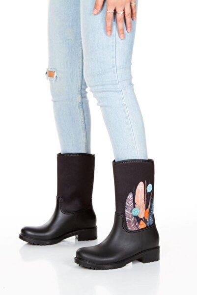 Sea&Blue Πολύχρωμες γυναικείες μπότες βροχής με στάμπα με πούπουλα